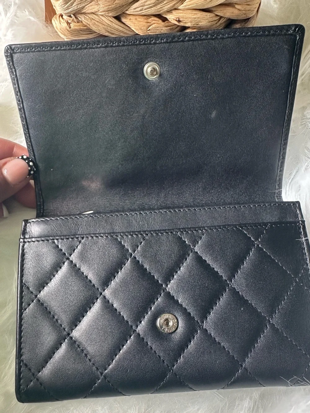 CHANEL Cambon Ligne Black Lambskin Long Wallet White CC Pink Interior